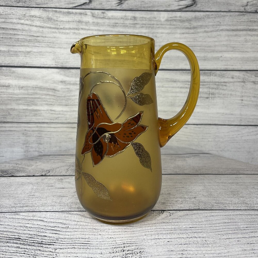 Vintage MCM Floral Amber Gold Hand Painted Etched Glass Pitcher
